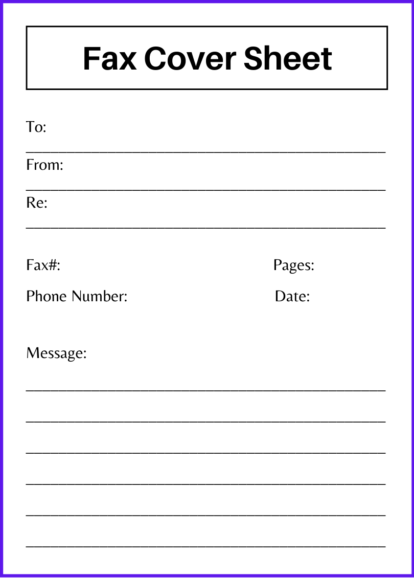 A black and white fax cover sheet with space for sender and recipient information, as well as a brief message and comments section